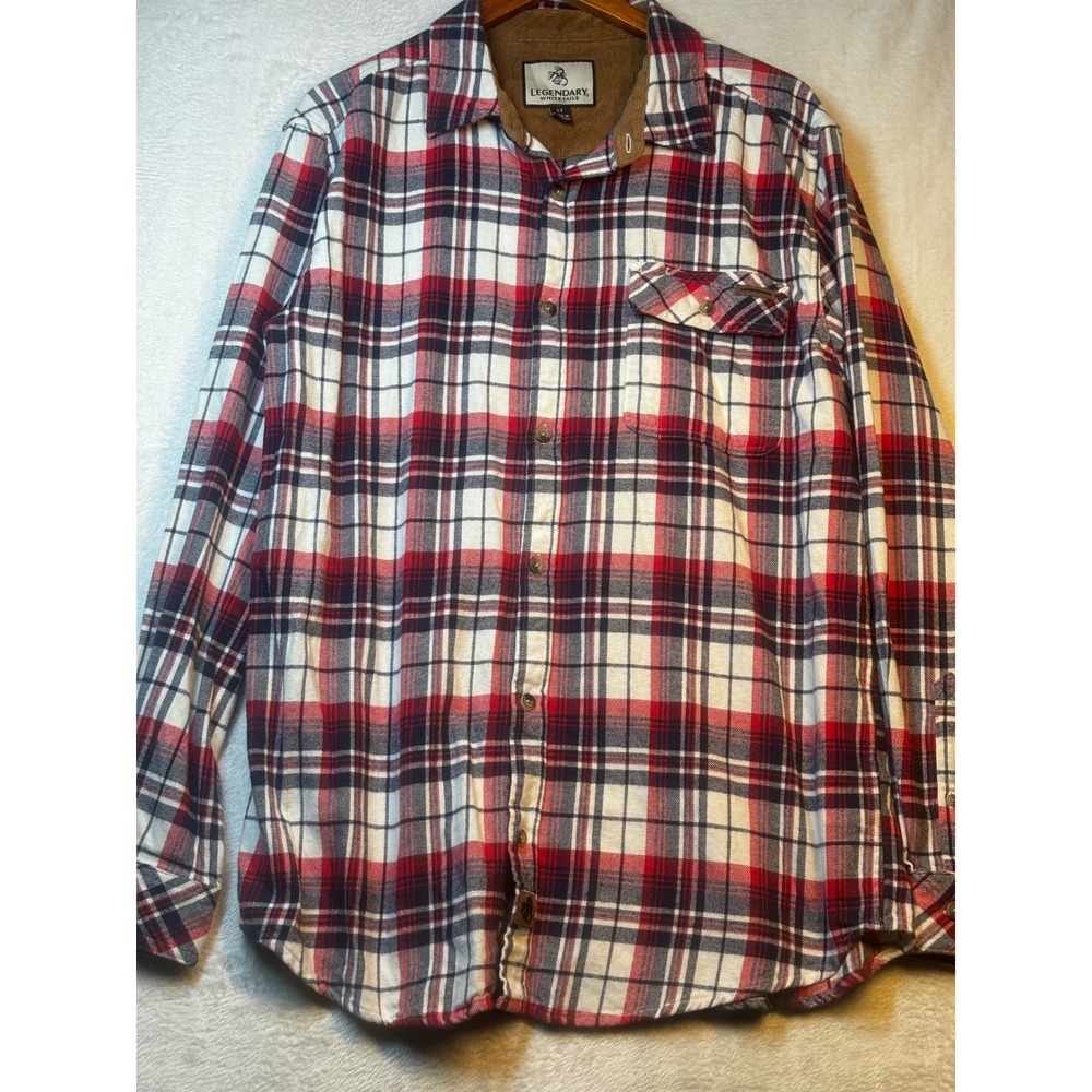 Legendary Whitetails Flannel Shirt LT Large Tall Red‎ Blue Plaid Corduroy Collar